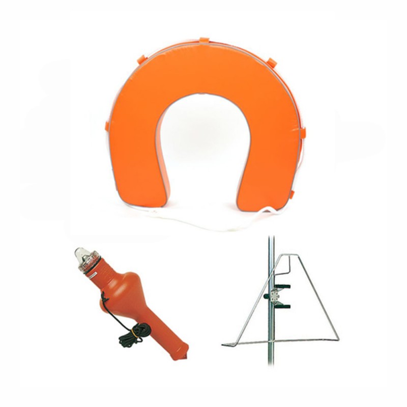 Bouée fer à cheval orange + support inox + feu Bouée fer à cheval orange + support inox + feu