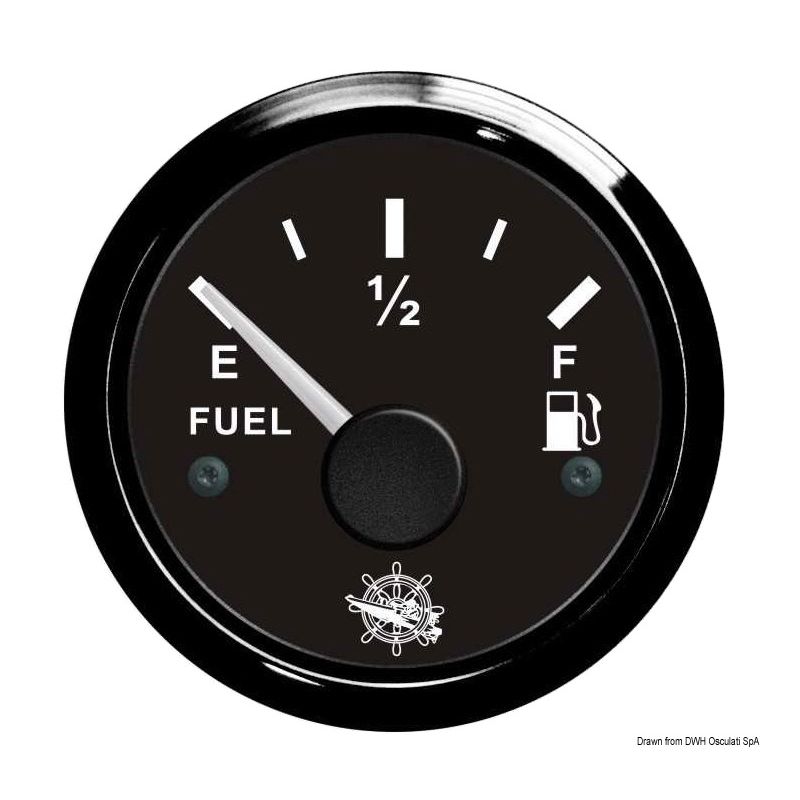 Jauge de carburant cadran noir/blanc -  lunette noire/polie - 12/24V