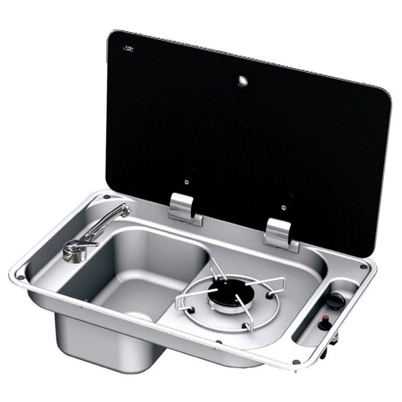 Combiné réchaud évier avec couvercle - évier à droite - avec bonde et robinet