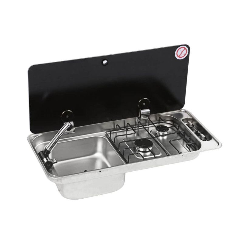 Plaque de cuisson 2 feux et évier - 2 couvercles - évier à gauche - sans bonde ni robinet