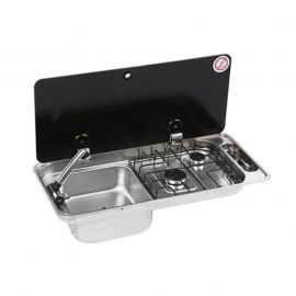 Plaque de cuisson 2 feux et évier - 2 couvercles - évier à gauche - sans bonde ni robinet